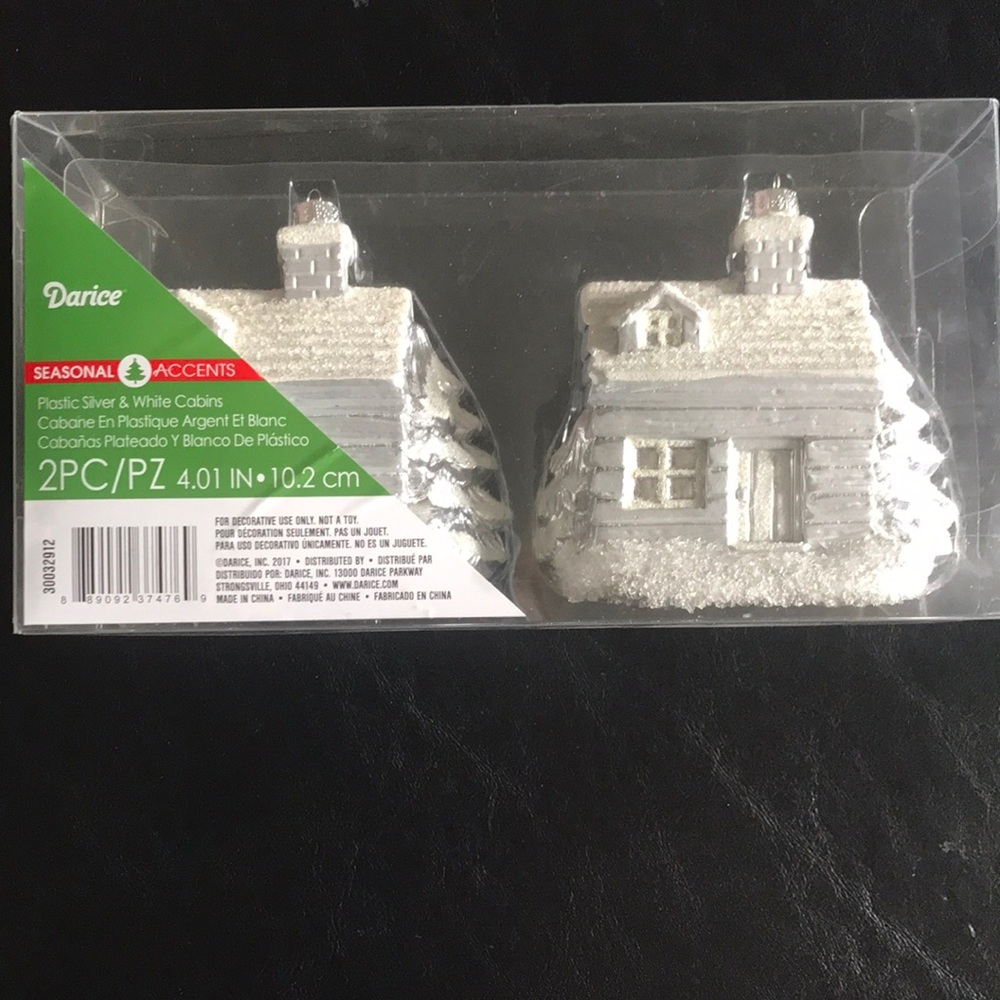 Darice silver snowy log cabin holiday ornament set